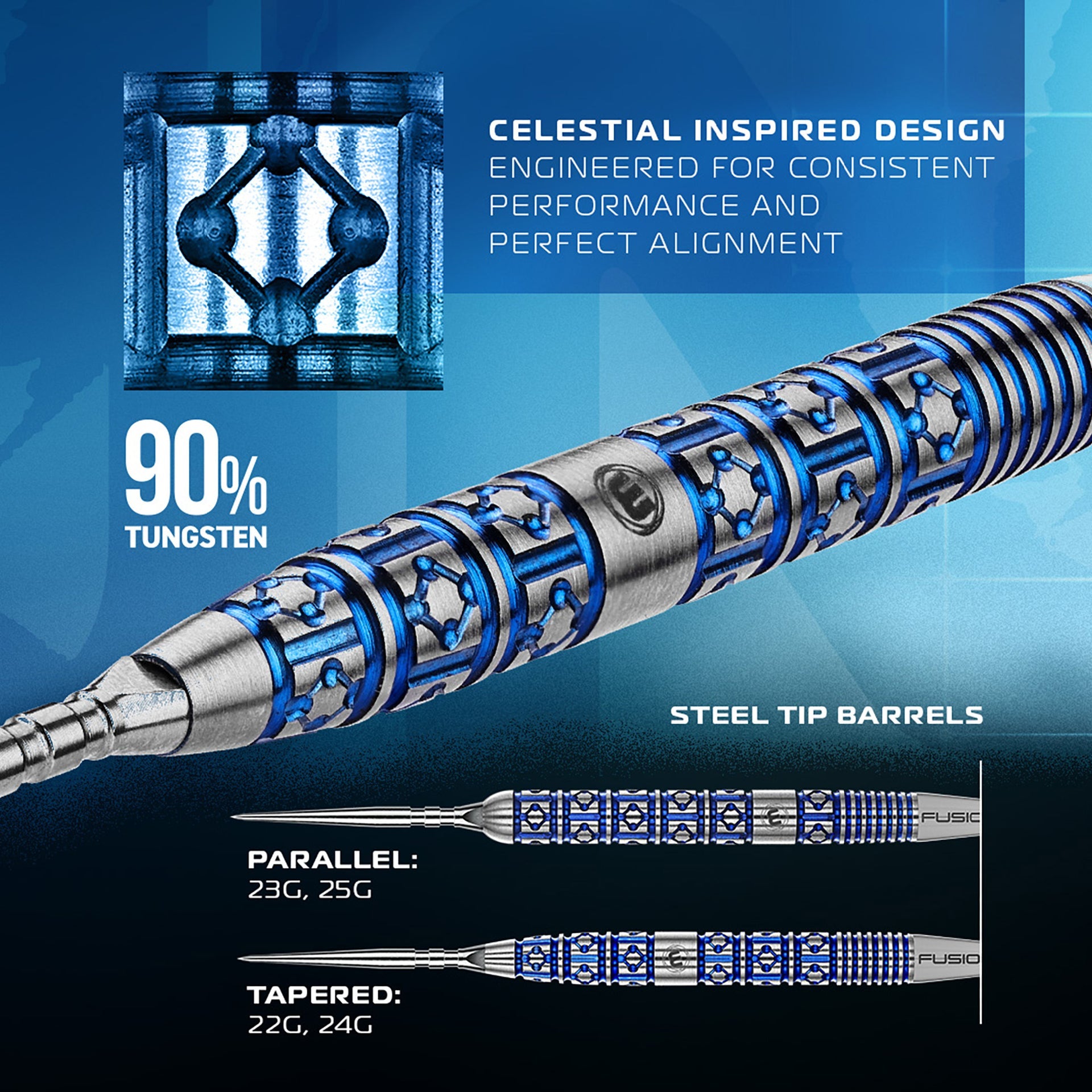 Dart with celestial design on a blue background, featuring text about its design and materials.
