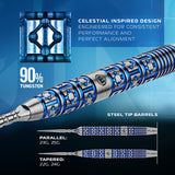 Dart with celestial design on a blue background, featuring text about its design and materials.