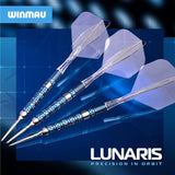 Winmau Lunaris darts with blue and silver design on a blue background