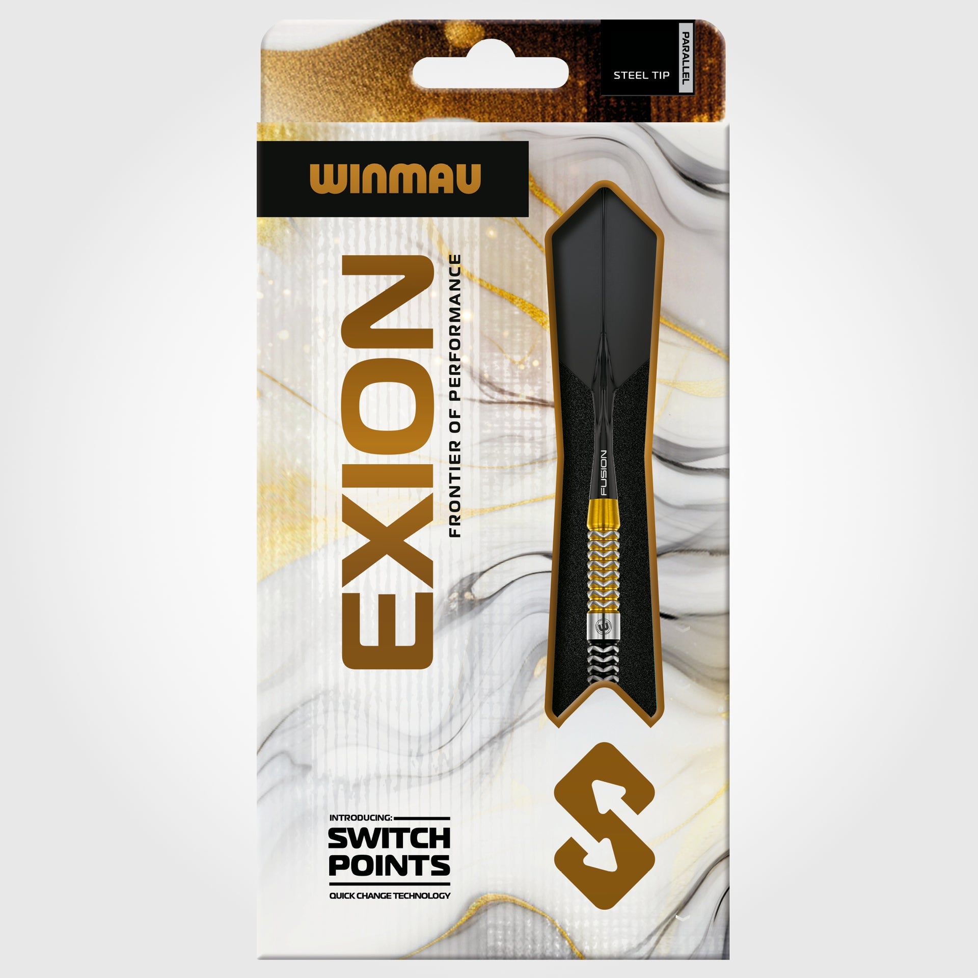 Winmau Exion dart packaging with gold and black design on a white background