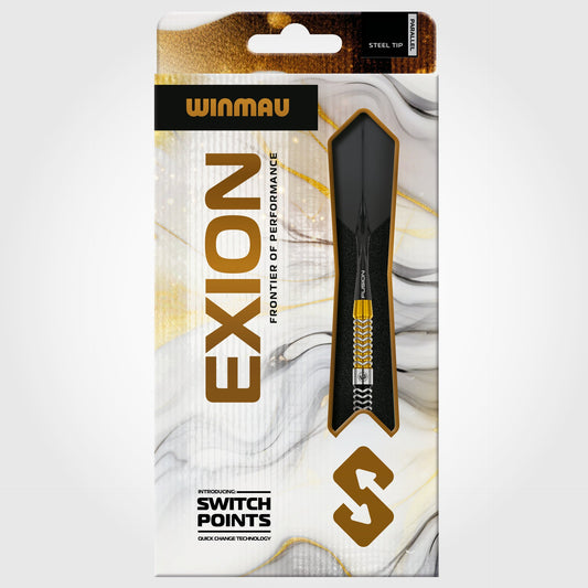 Winmau Exion dart packaging with gold and black design on a white background