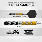 Technical specifications of a dart on a gray background with branding text.