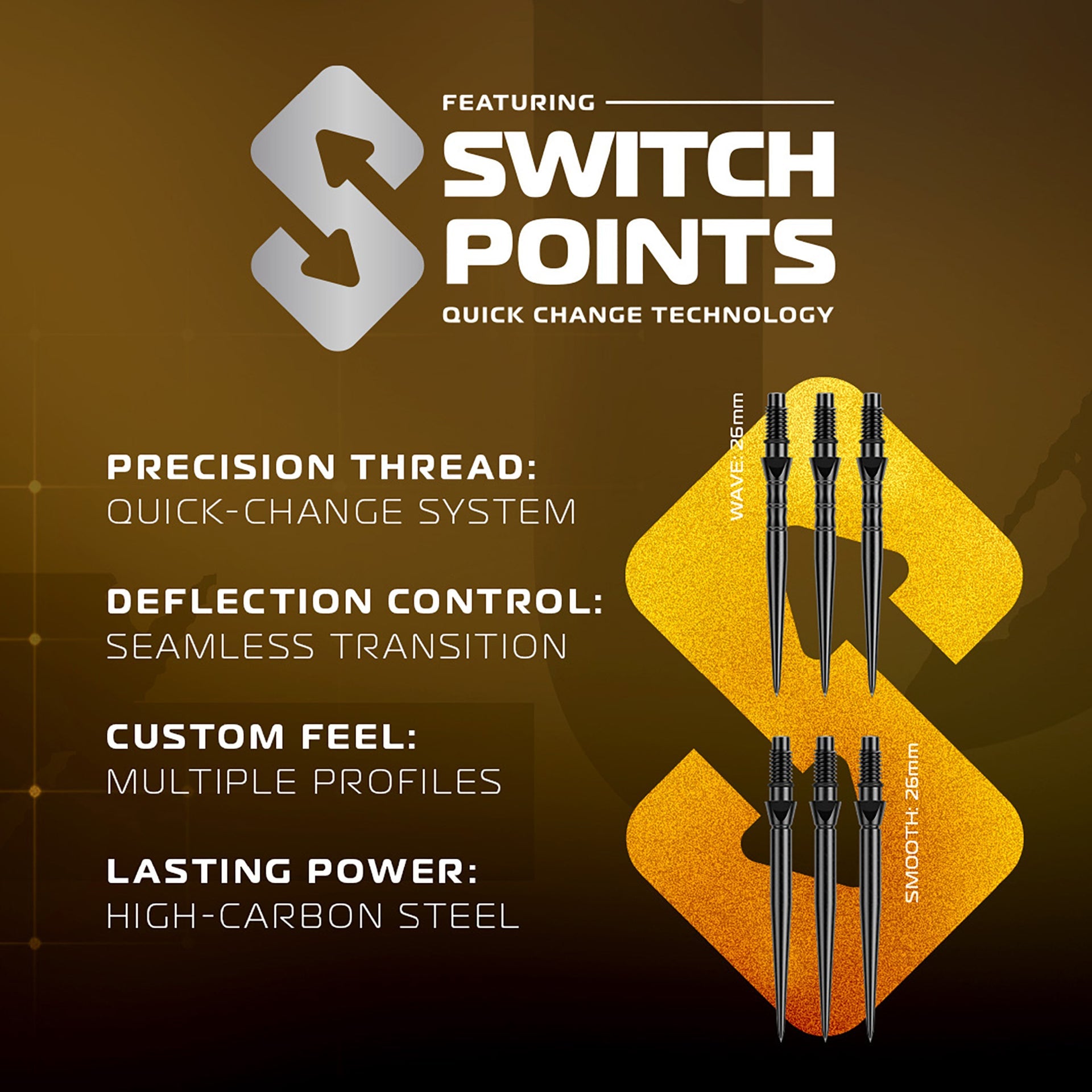 Advertisement for Switch Points dart components with features listed on a brown background.