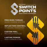 Advertisement for Switch Points dart components with features listed on a brown background.