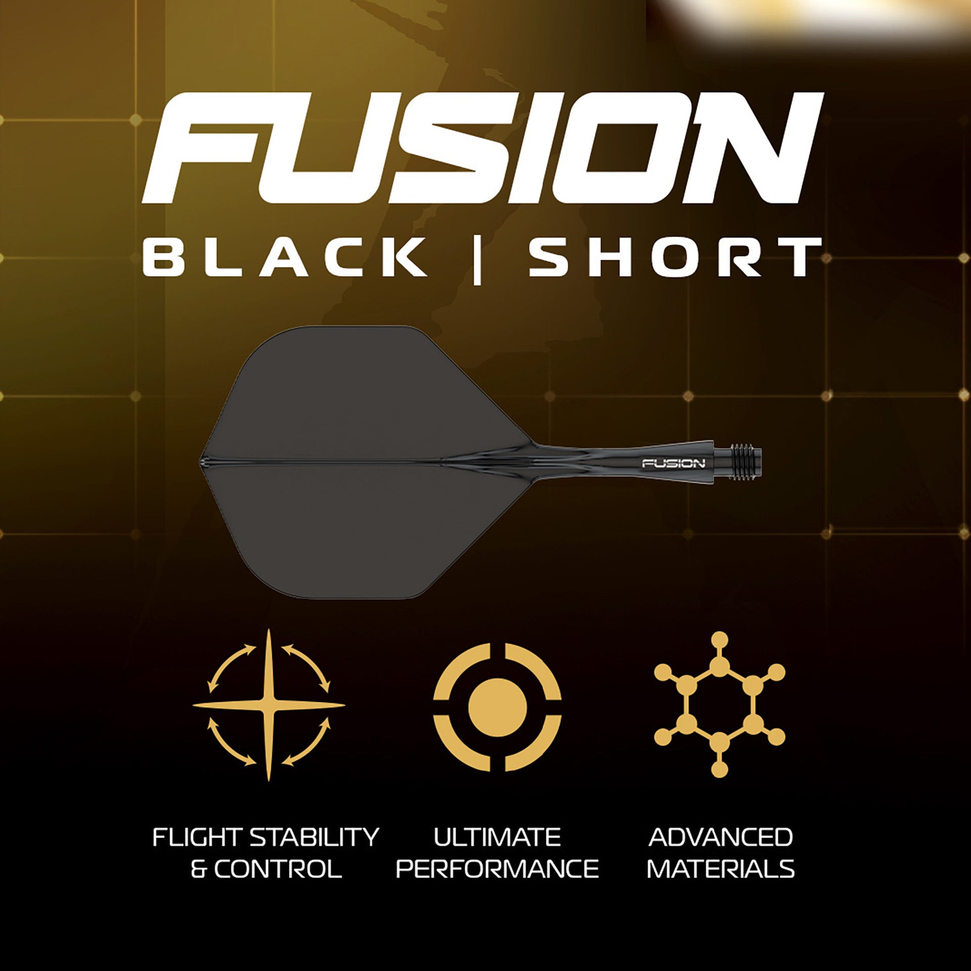 Fusion Black Short dart flight with features on a dark background