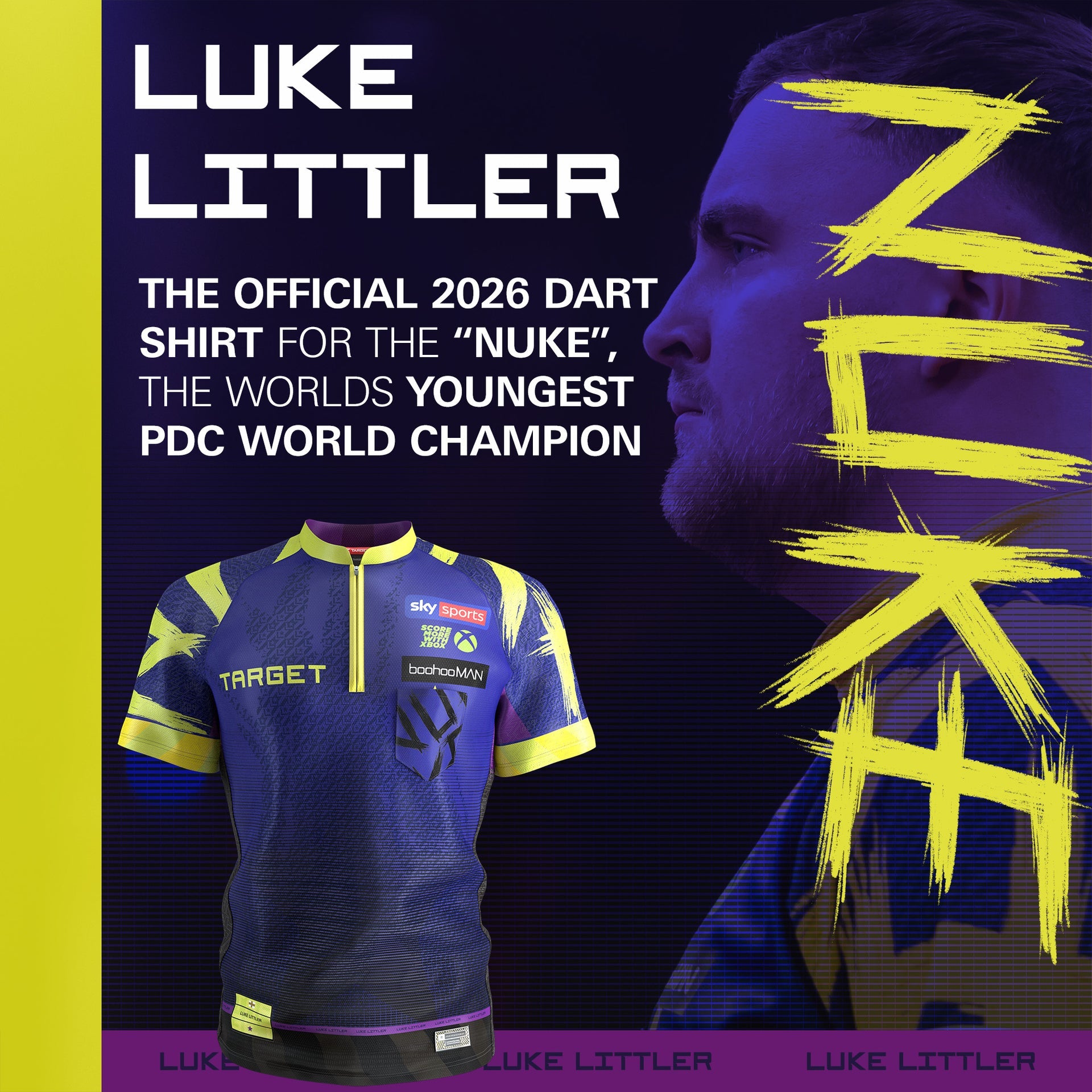 Promotional image of a dart shirt with text about Luke Littler and his achievements.