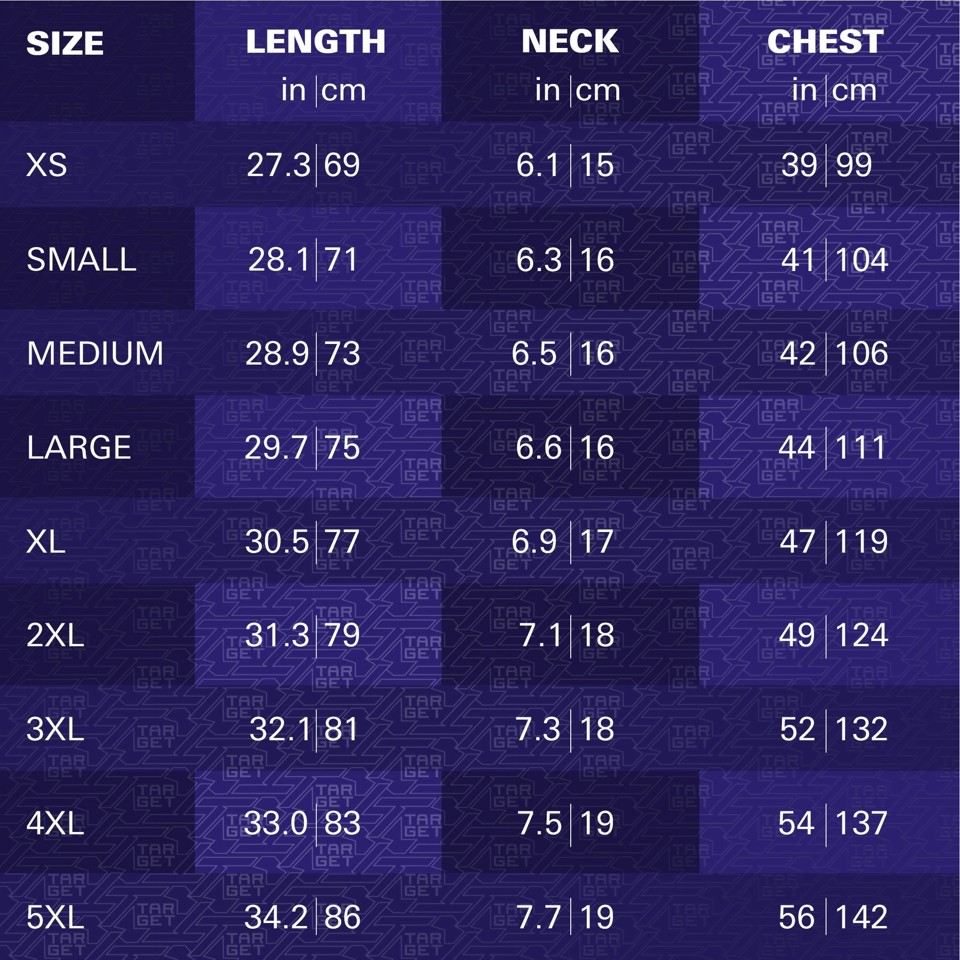 Size chart for clothing with measurements in inches and centimeters on a blue background.