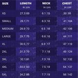 Size chart for clothing with measurements in inches and centimeters on a blue background.