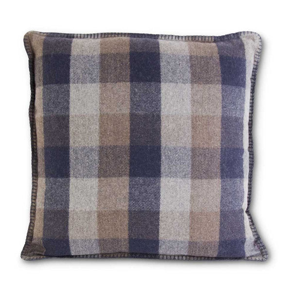 Tan and Blue Plaid Wool Pillow