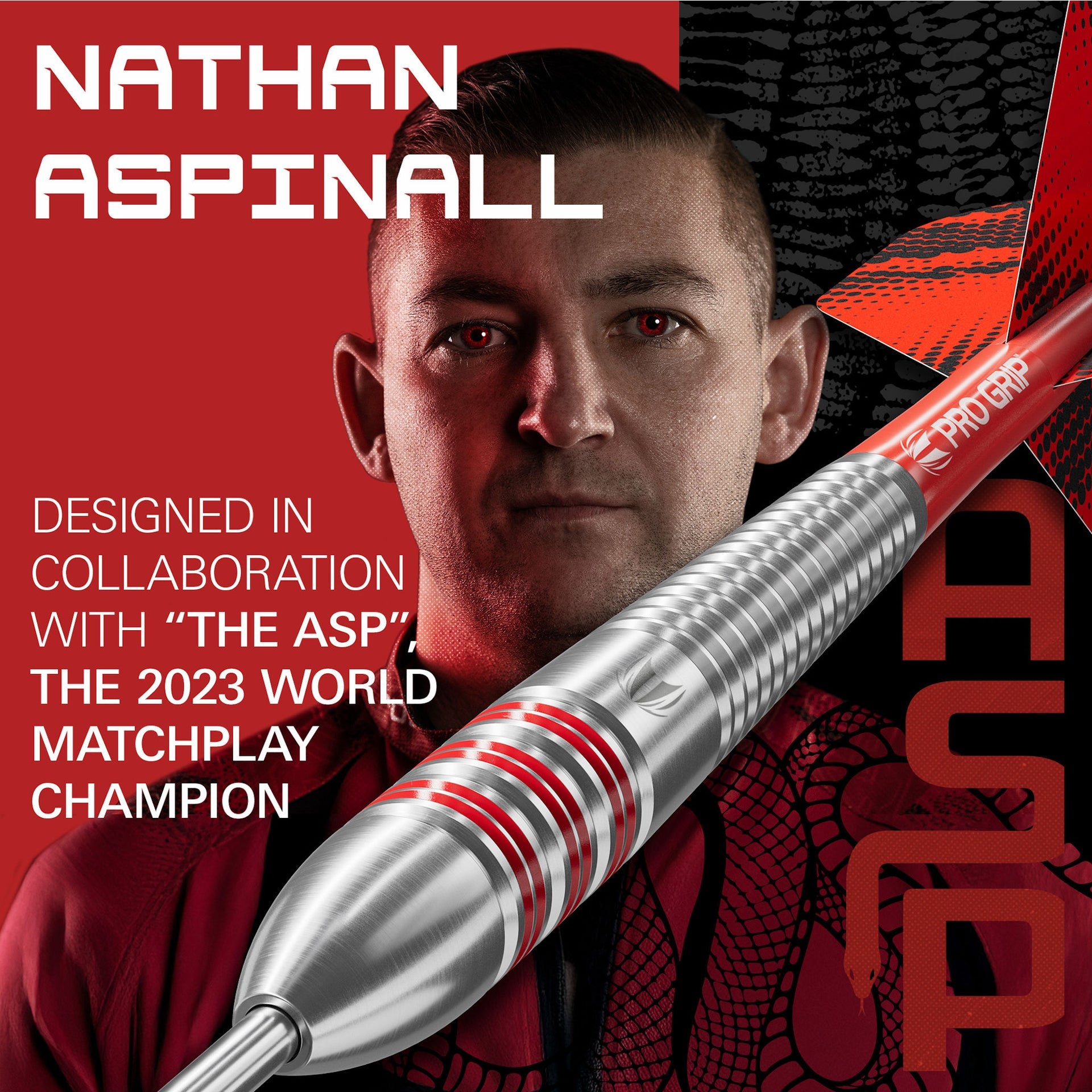 Promotional image of Nathan Aspinall with a dart, featuring text about collaboration and championship.