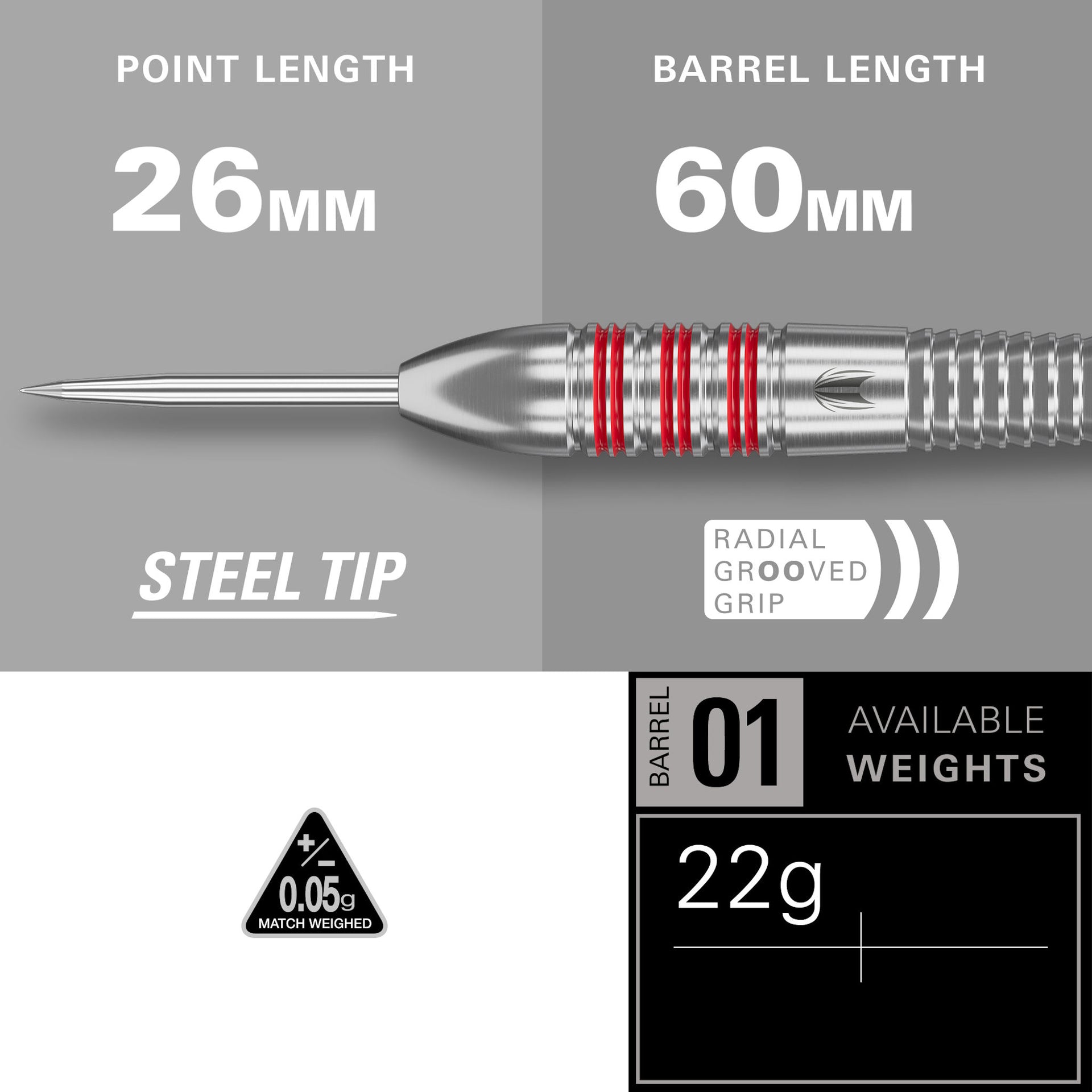 Dart with specifications on a gray background