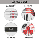 22-piece dart set with barrels, shafts, flights, and a wallet on a white background.