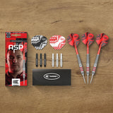 ASP darts set with packaging, darts, and accessories on a wooden surface