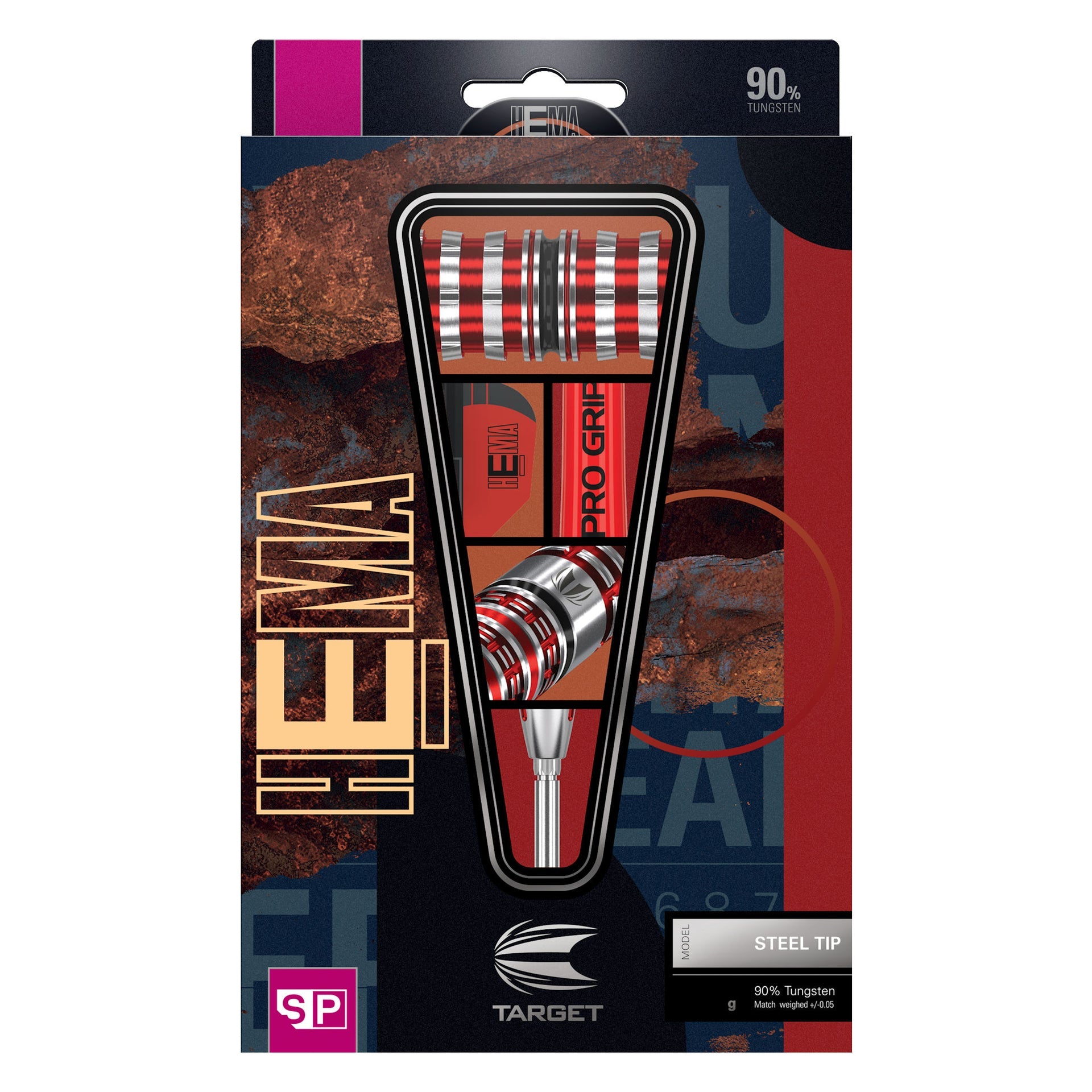 Dart set with silver 90% tungsten barrels, red and black radial grooves, red shafts and striped flights, Hydro 90% SP Tungsten