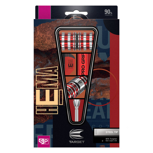 Dart set with silver 90% tungsten barrels, red and black radial grooves, red shafts and striped flights, Hydro 90% SP Tungsten