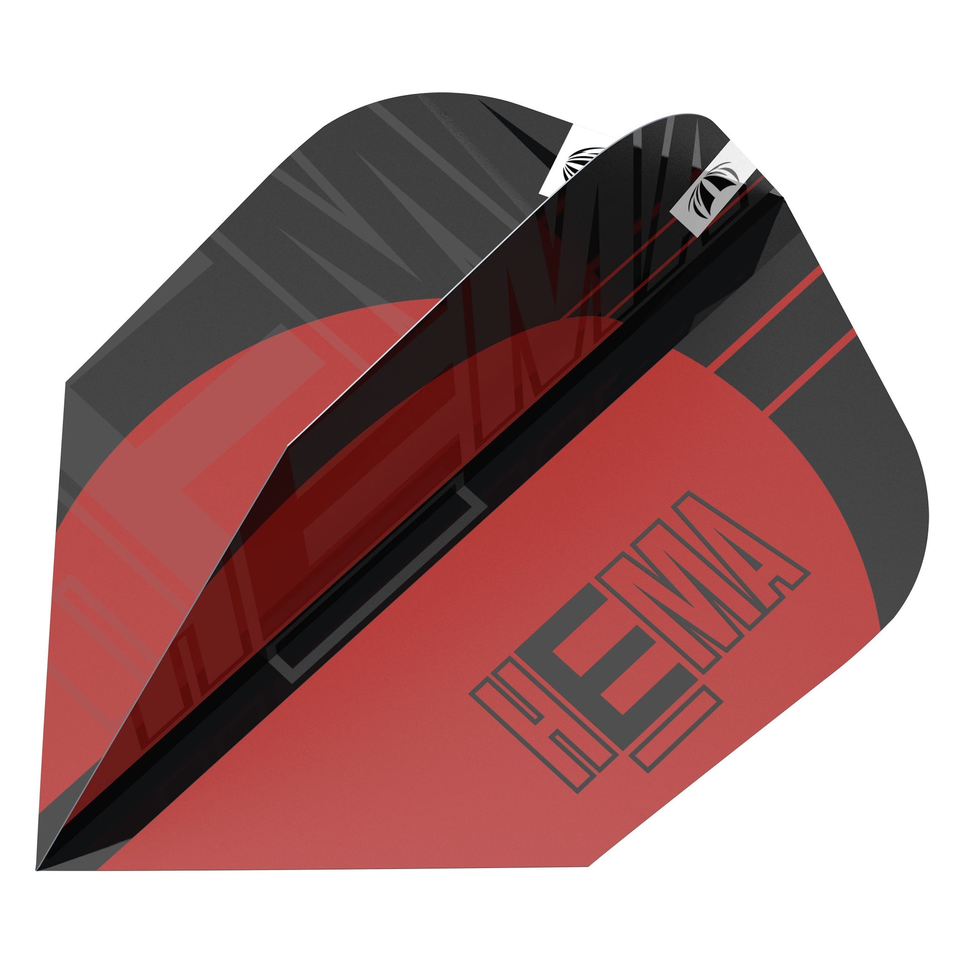 Dart flight, Hydro 90% SP Tungsten, red and charcoal with angular graphics and bold HEMA lettering.