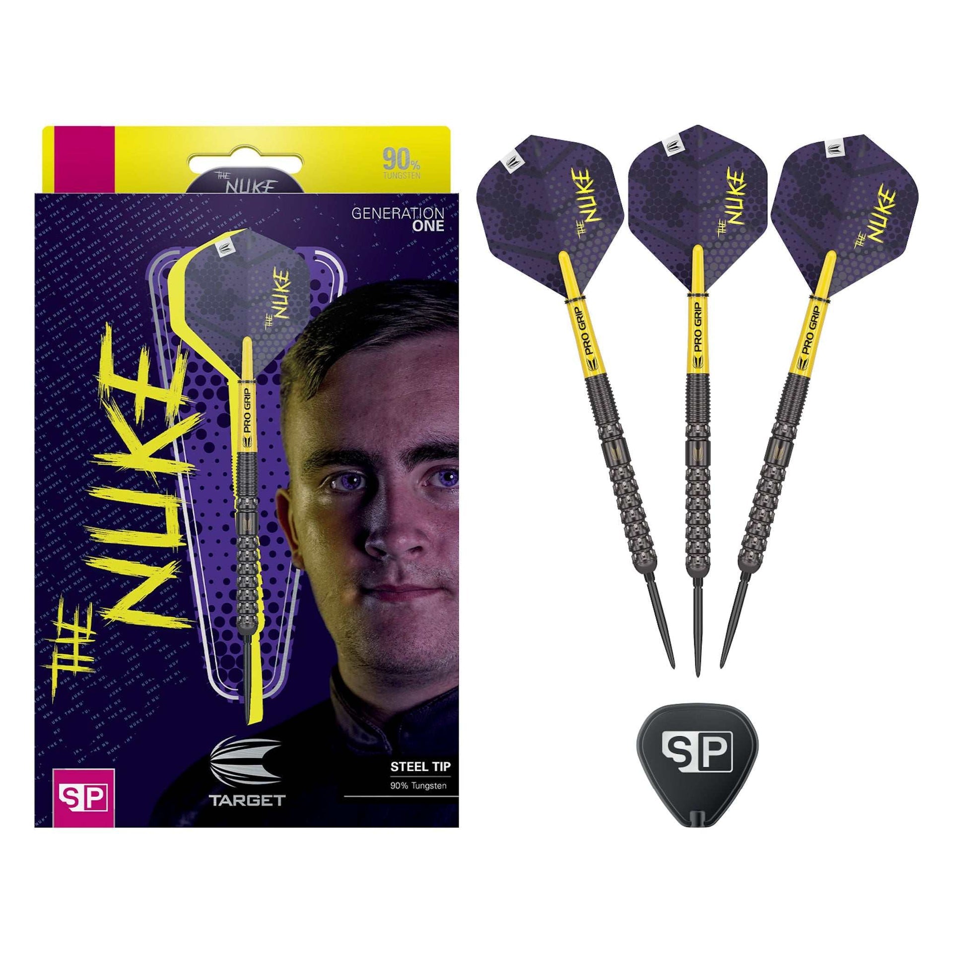 Luke Littler G1 SP 90% tungsten darts with multi-grip black PVD coated barrels and pro grip shafts