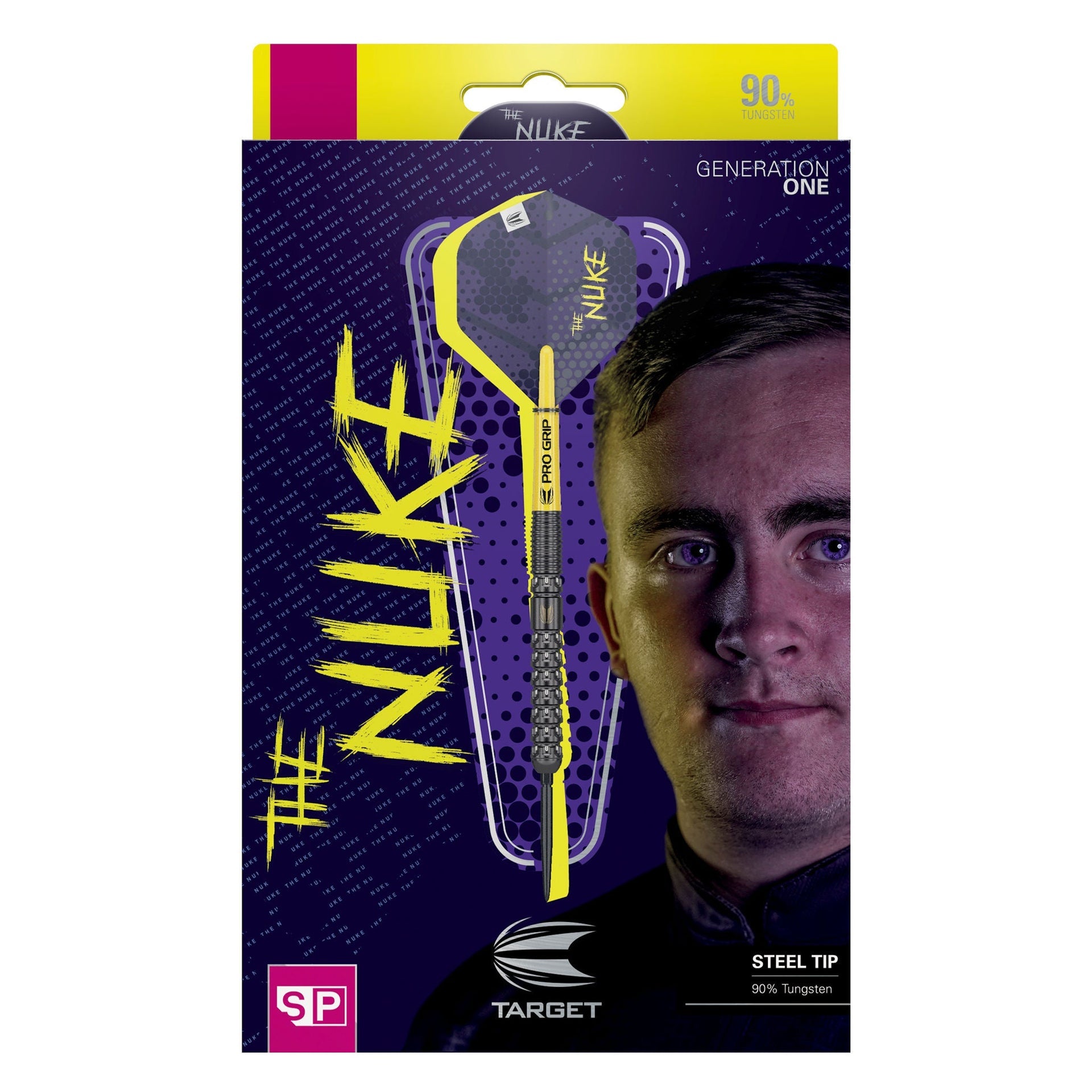 Luke Littler G1 SP 90% Tungsten darts with multi-grip barrel, black PVD coating, and pro grip shafts.