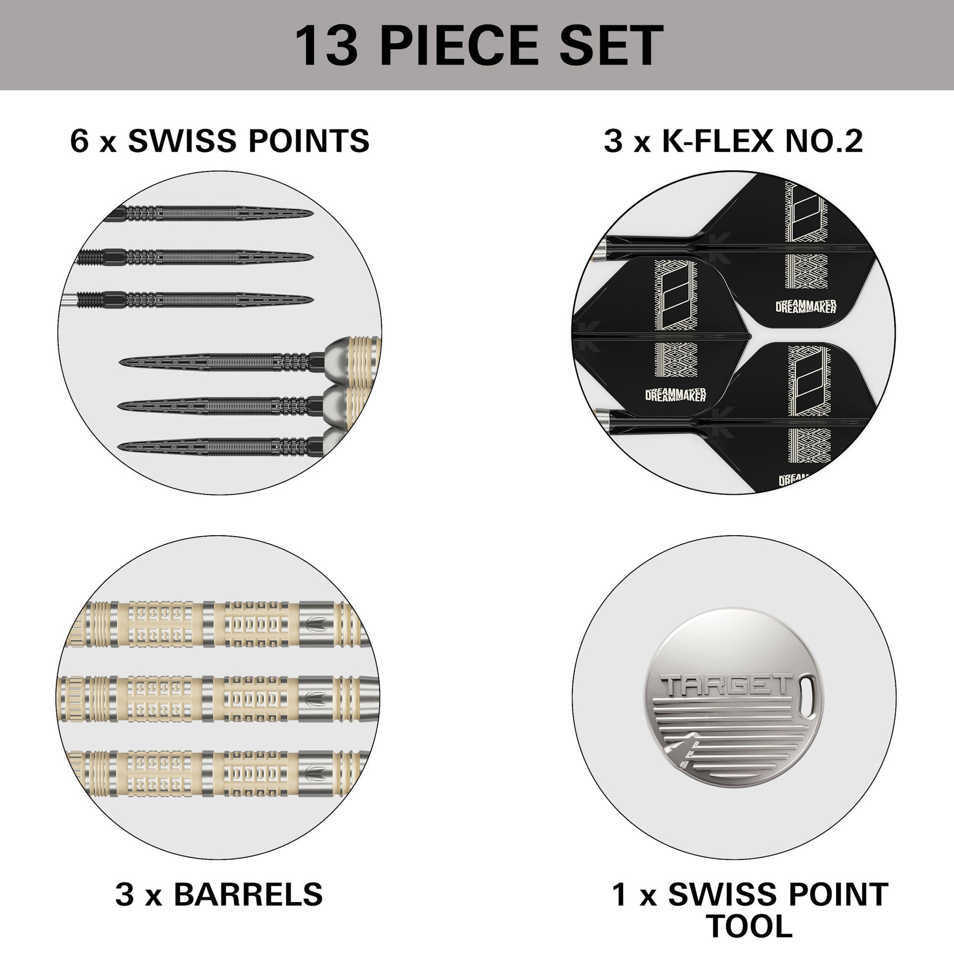 13-piece dart set with components labeled on a white background