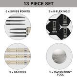 13-piece dart set with components labeled on a white background