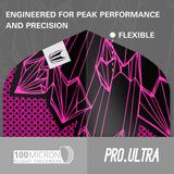 Black and pink geometric design with 'Pro.Ultra' branding and text about peak performance and precision.
