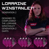 Promotional image of Lorraine Winstanley with darts packaging on a dark background