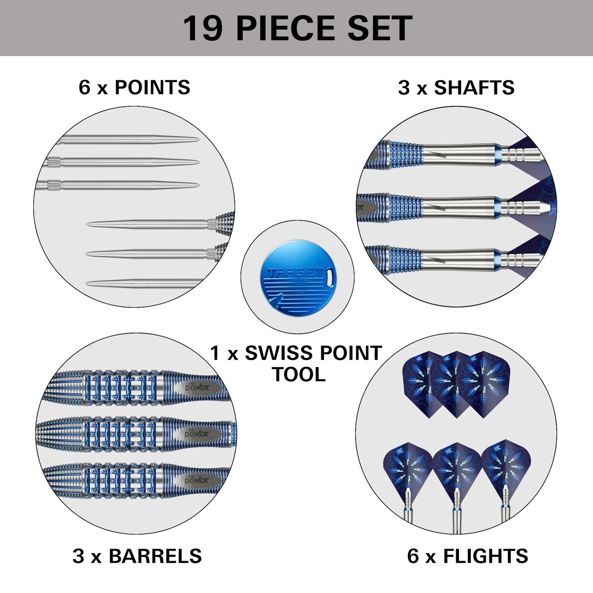 19-piece dart set with components labeled on a white background
