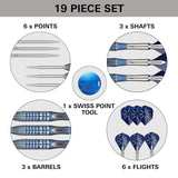19-piece dart set with components labeled on a white background