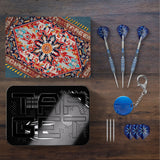 Collection of items including a dartboard, darts, and related accessories on a wooden surface.
