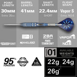 Power 9Five GX2 SP 95% Tungsten  Dart with specifications on a gray background