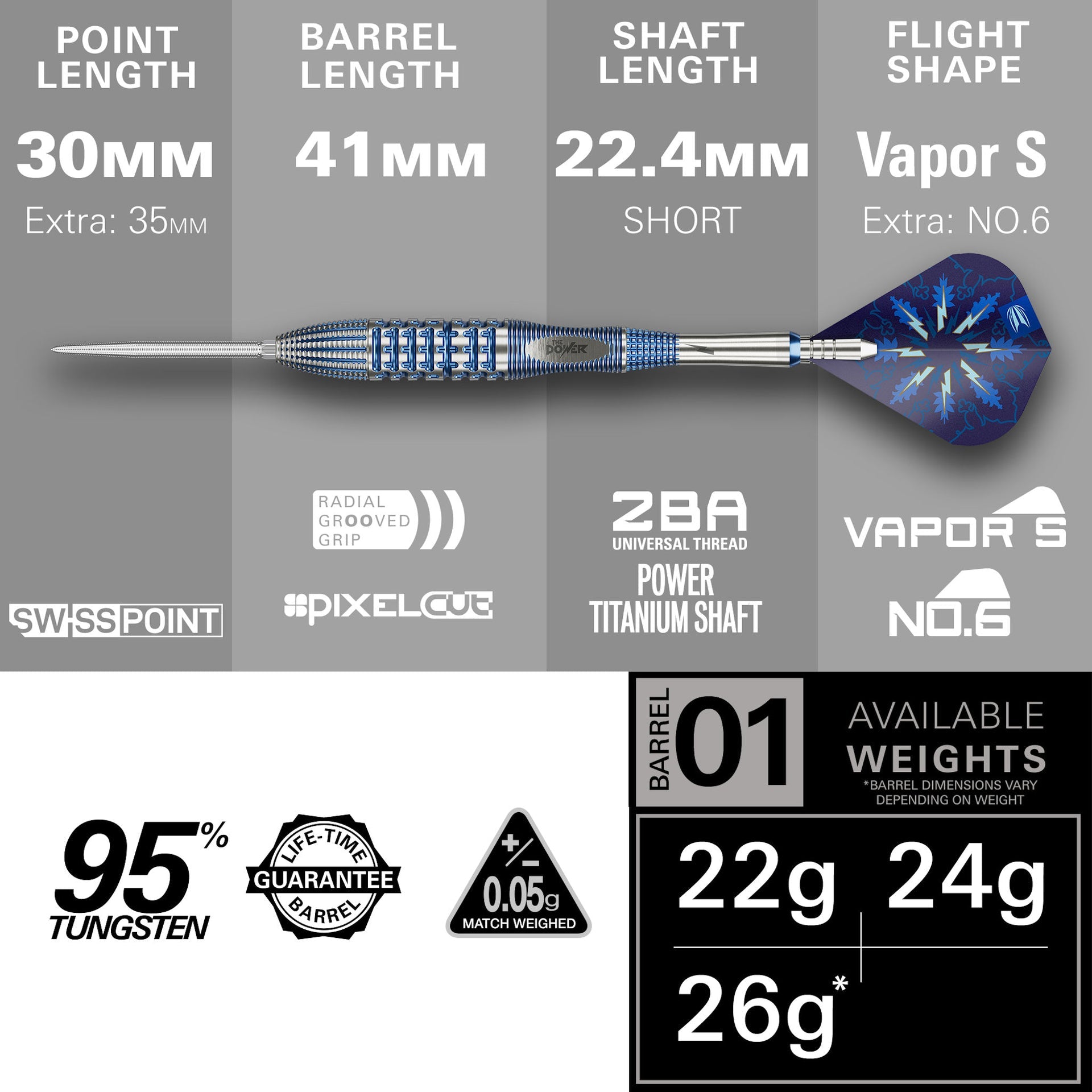 Power 9Five GX2 SP 95% Tungsten  Dart with specifications on a gray background