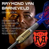 Dart with a close-up of a person's face and branding text, featuring Raymond van Barneveld.