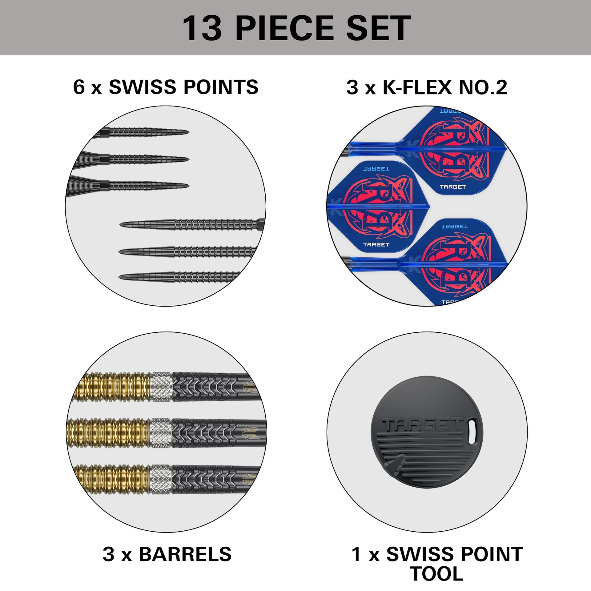 13-piece dart set with Swiss points, K-Flex no.2, barrels, and a Swiss point tool on a white background.