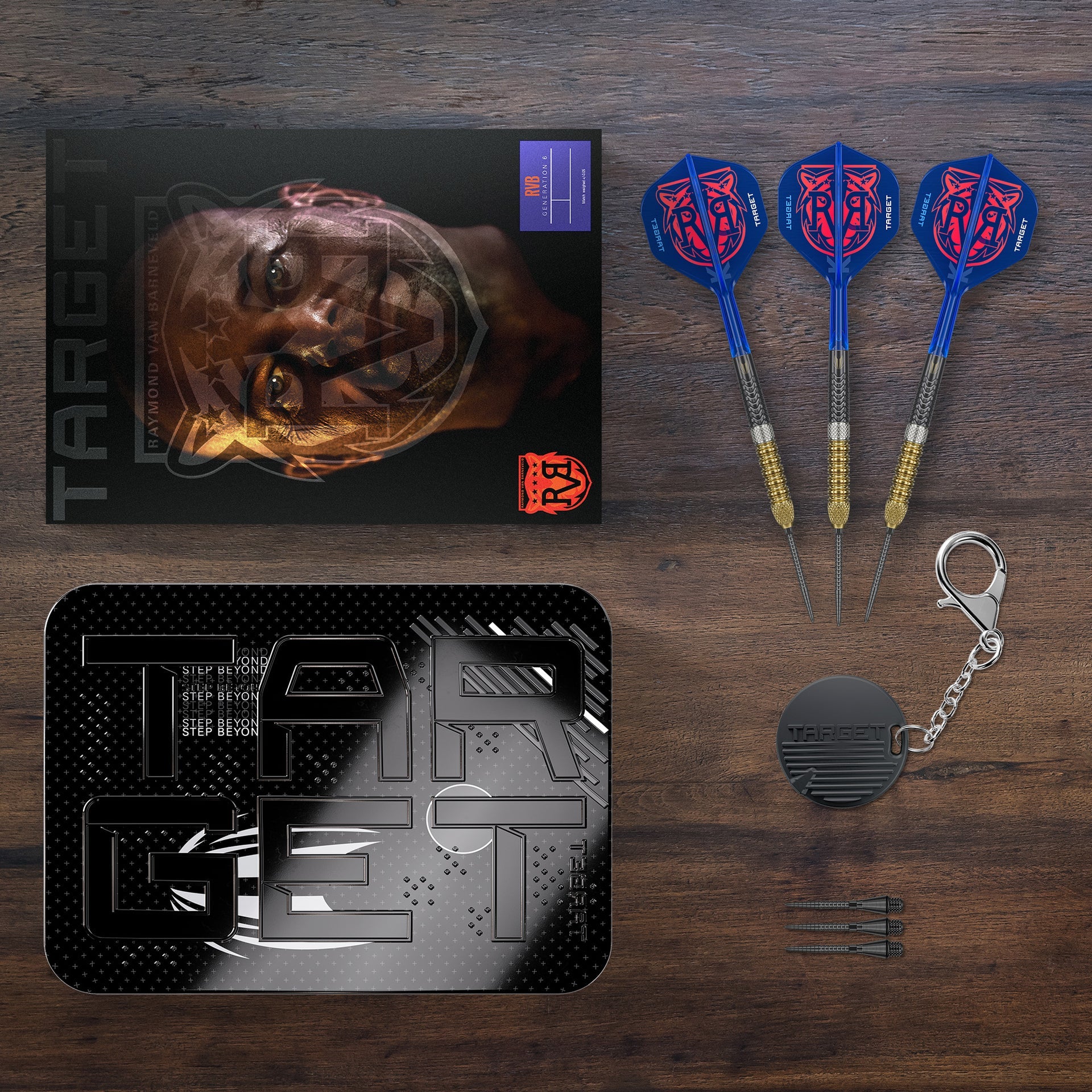 Darts and accessories on a wooden surface with Target branding.
