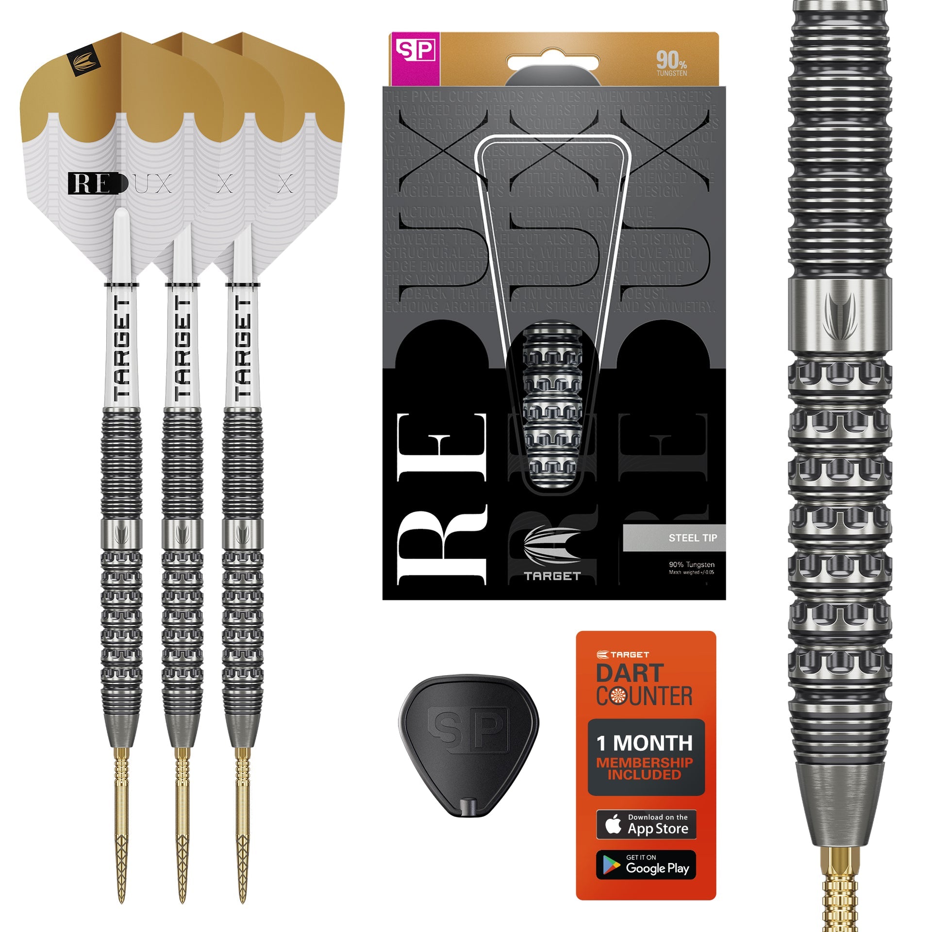 Set of darts with silver and gold tips, dart counter, and packaging on a white background Redux 90% SP Tungsten what's in the box