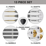 13-piece dart set with points, shafts, Swiss point tool, barrels, and flights on a gray background.