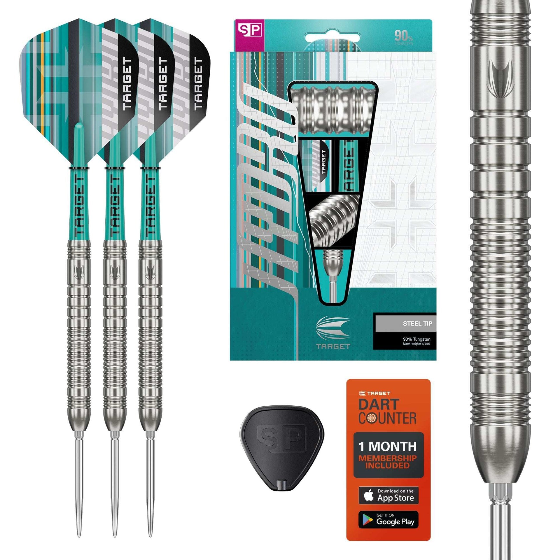 Hydro 90% SP Tungsten darts with 90% tungsten barrels, silver Swiss points, Pro Grip Tag shafts, and DartCounter app subscription