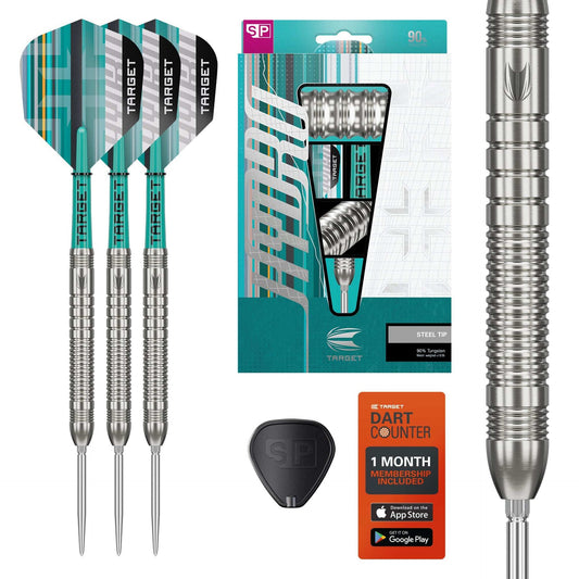 Hydro 90% SP Tungsten darts with 90% tungsten barrels, silver Swiss points, Pro Grip Tag shafts, and DartCounter app subscription