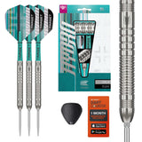 Hydro 90% SP Tungsten darts with 90% tungsten barrels, silver Swiss points, Pro Grip Tag shafts, and DartCounter app subscription