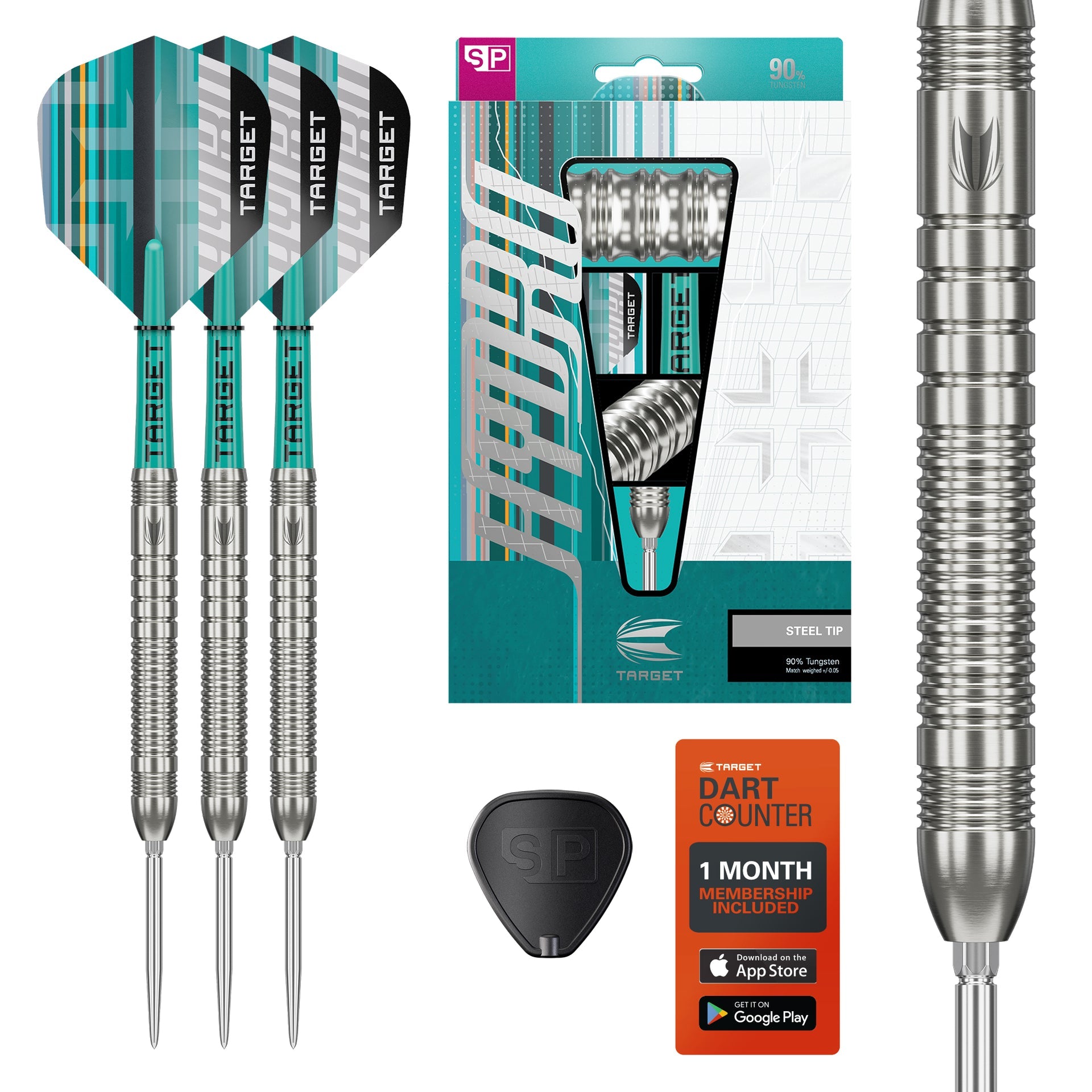Hydro 90% SP Tungsten darts with packaging, dart counter, and additional dart on a white background