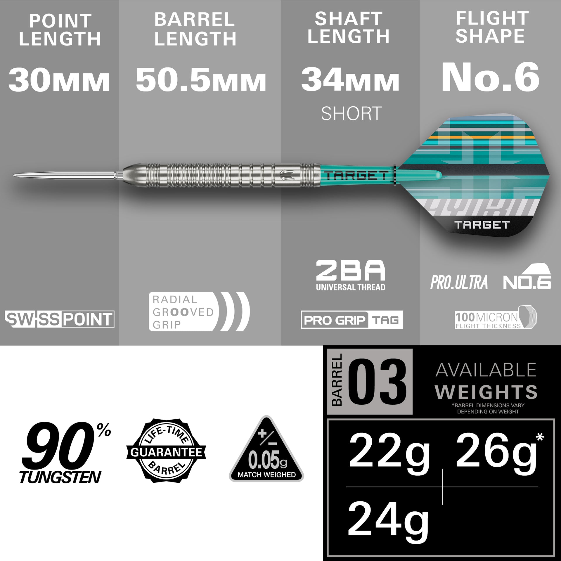 Dart with detailed specifications on a gray background