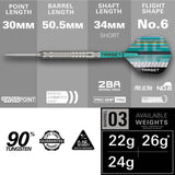 Set of Hydro 90% SP Tungsten darts with radial grooves, silver Swiss Points, and DartCounter app subscription