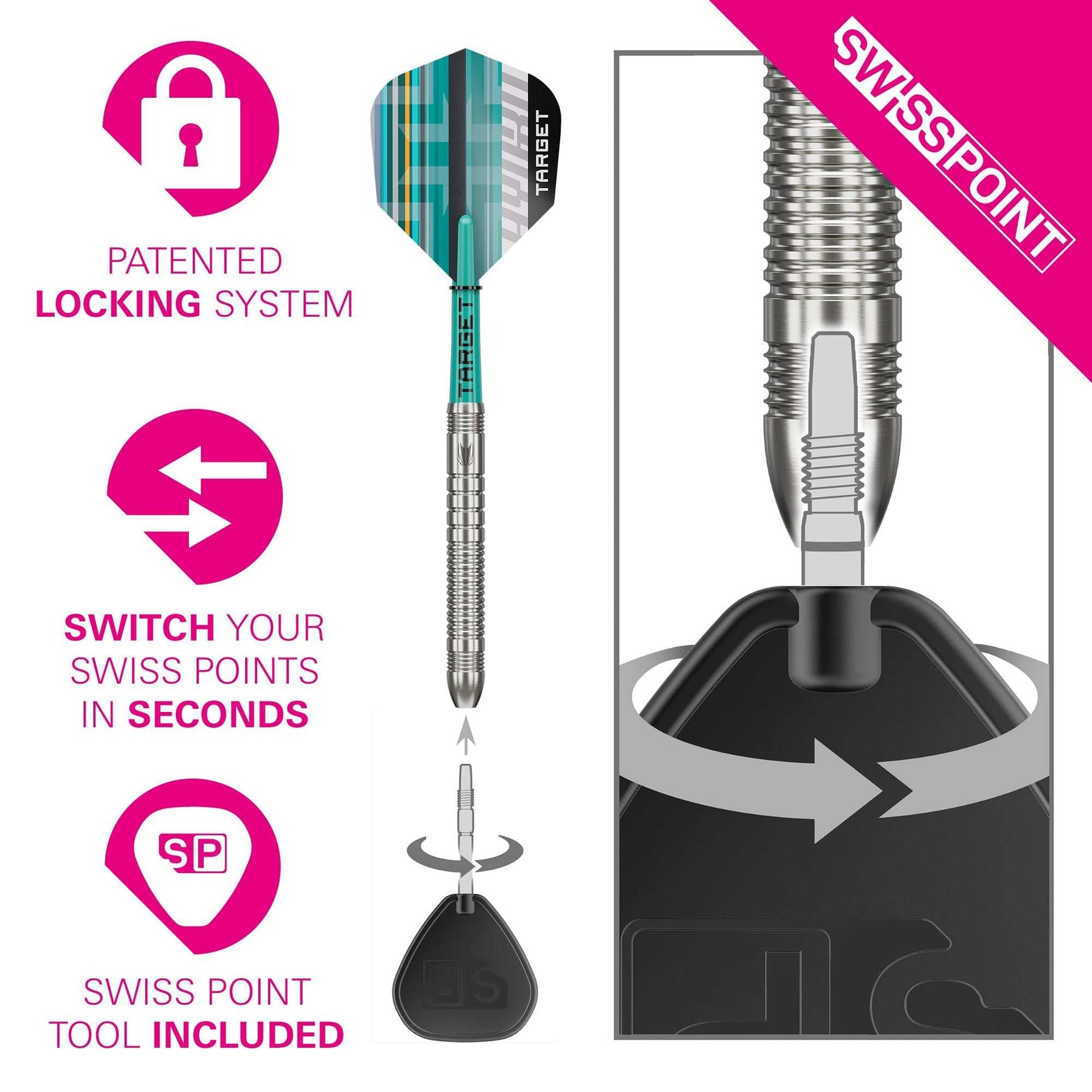 Set of Hydro 90% SP Tungsten darts with silver Swiss points and black shafts on white background
