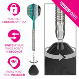 Set of Hydro 90% SP Tungsten darts with silver Swiss points and black shafts on white background