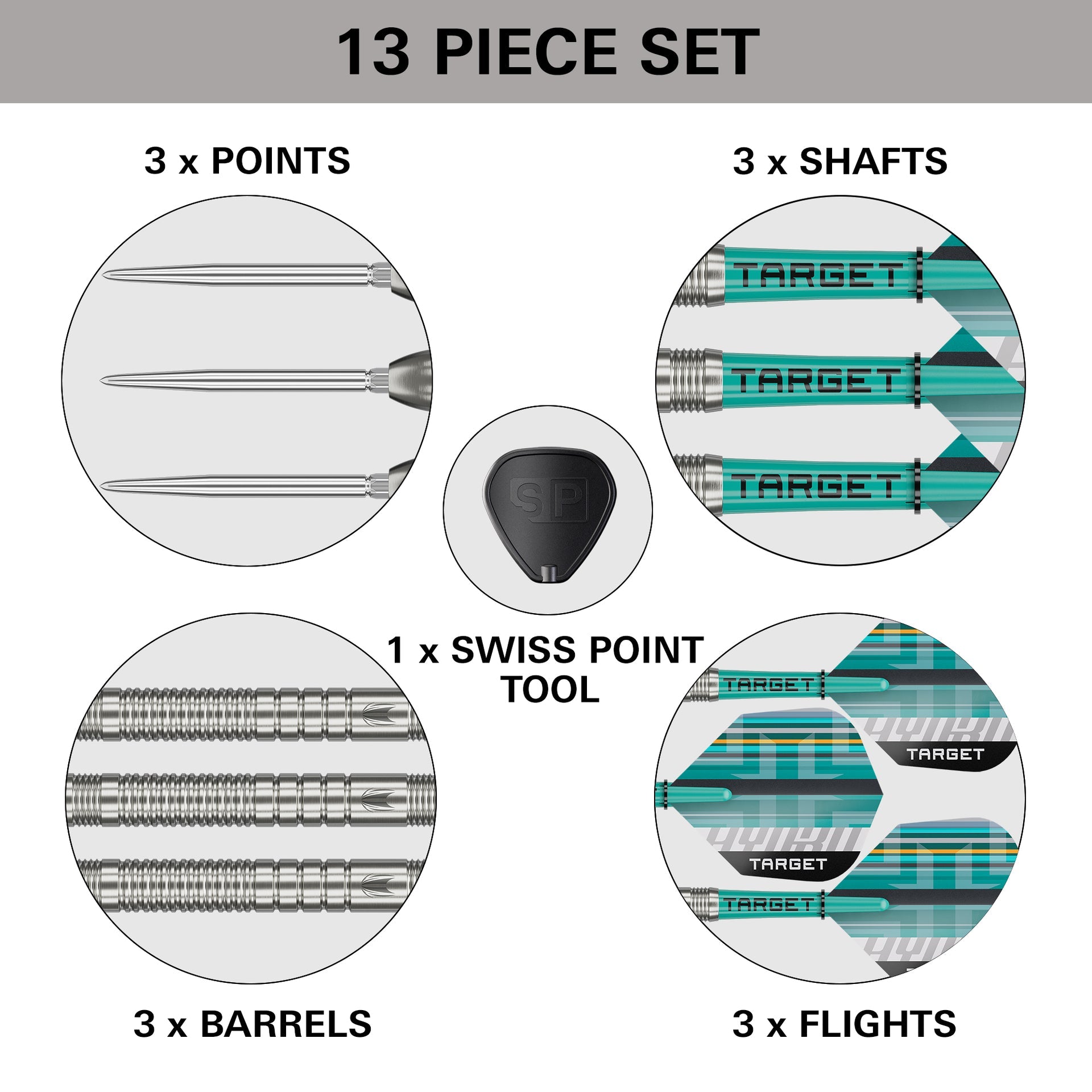 13-piece dart set with components labeled on a white background