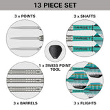 13-piece dart set with components labeled on a white background