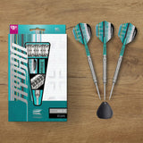 Set of Hydro 90% SP Tungsten darts with silver Swiss Points and Pro Grip Tag shafts on white background