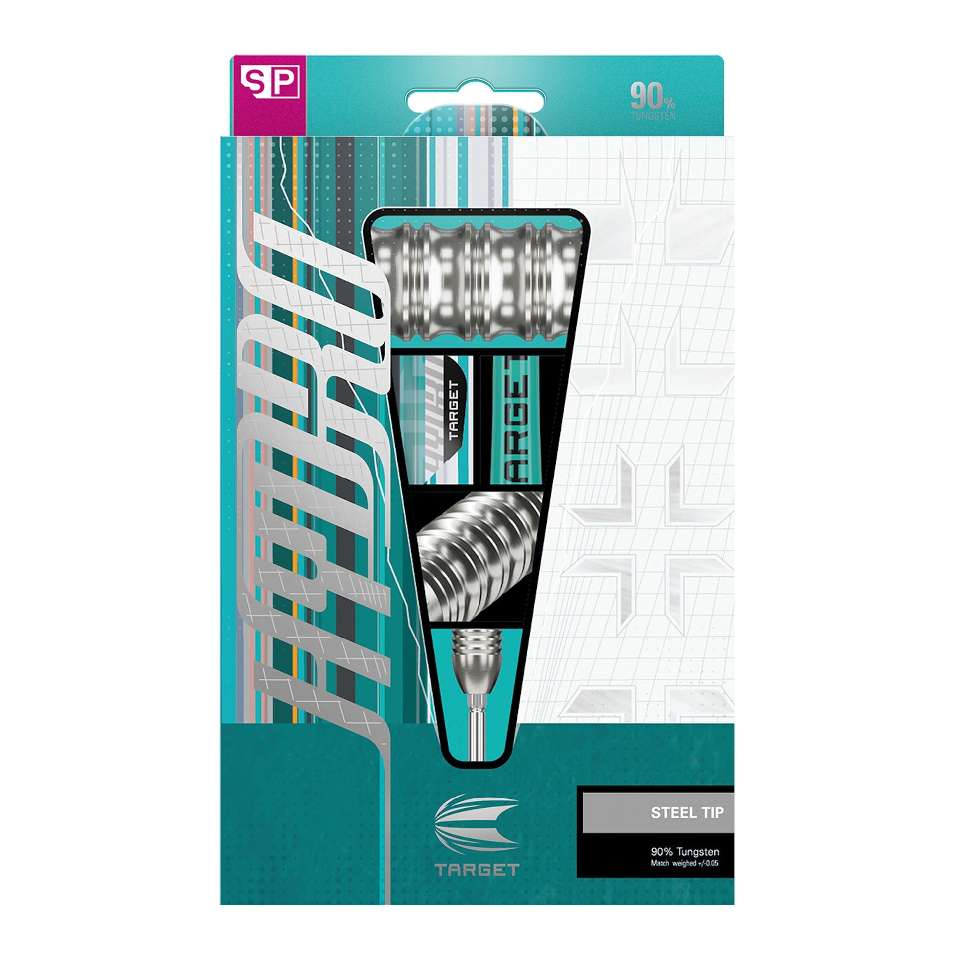 Hydro 90% SP Tungsten Packaged darts with a teal and white design on a white background