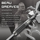 Dart with branding and text about Beau Greaves and collaboration with a world champion.