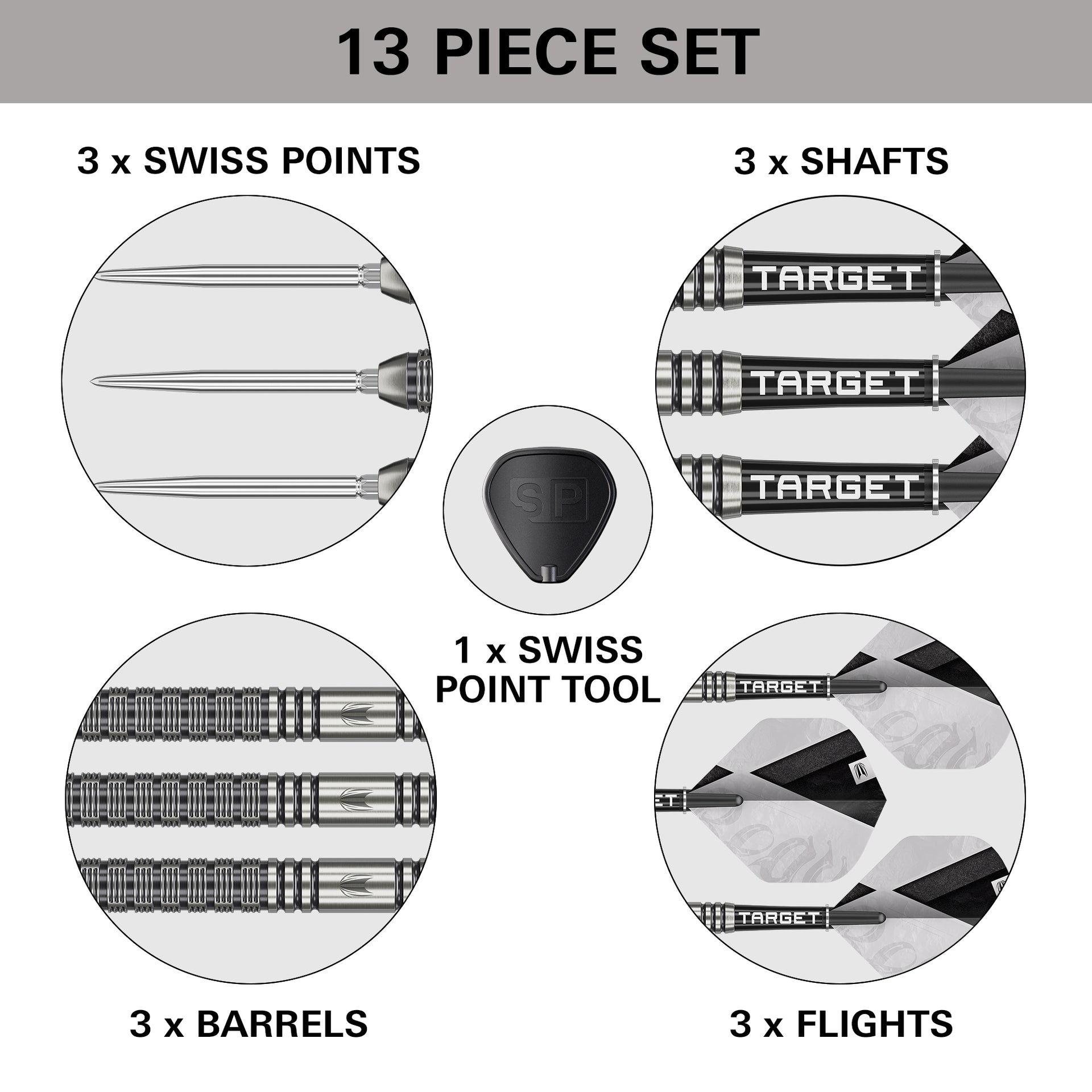 13-piece dart set with components labeled on a white background